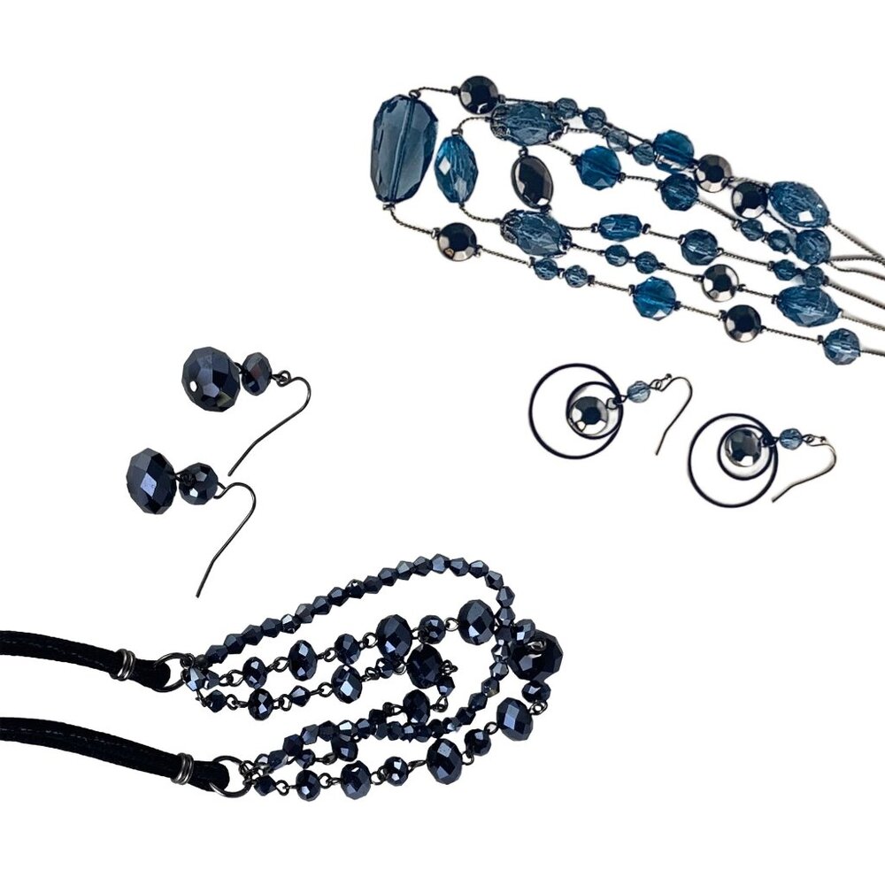 2 Sets: Vintage Y2K Necklaces and Earrings Midnight Blue Beads Gunmetal Tone